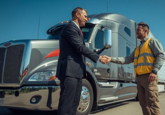 a truck driver and a bank manager shaking hands outside near a Semi truck